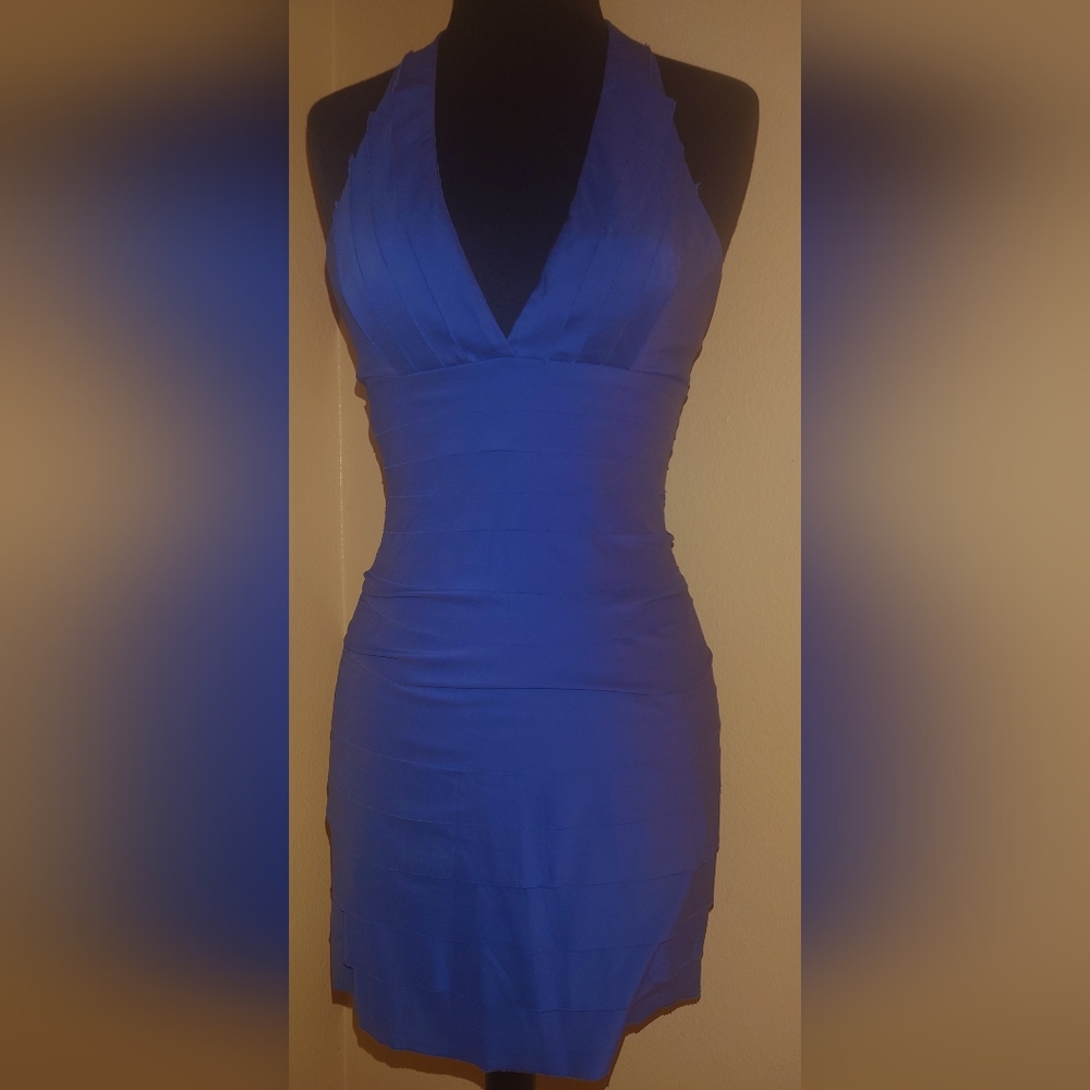 NWT Bright Blue Purple BCBG MaxAzria Matte Silk Tiered Halter Mini Dress 0 XS, 2
